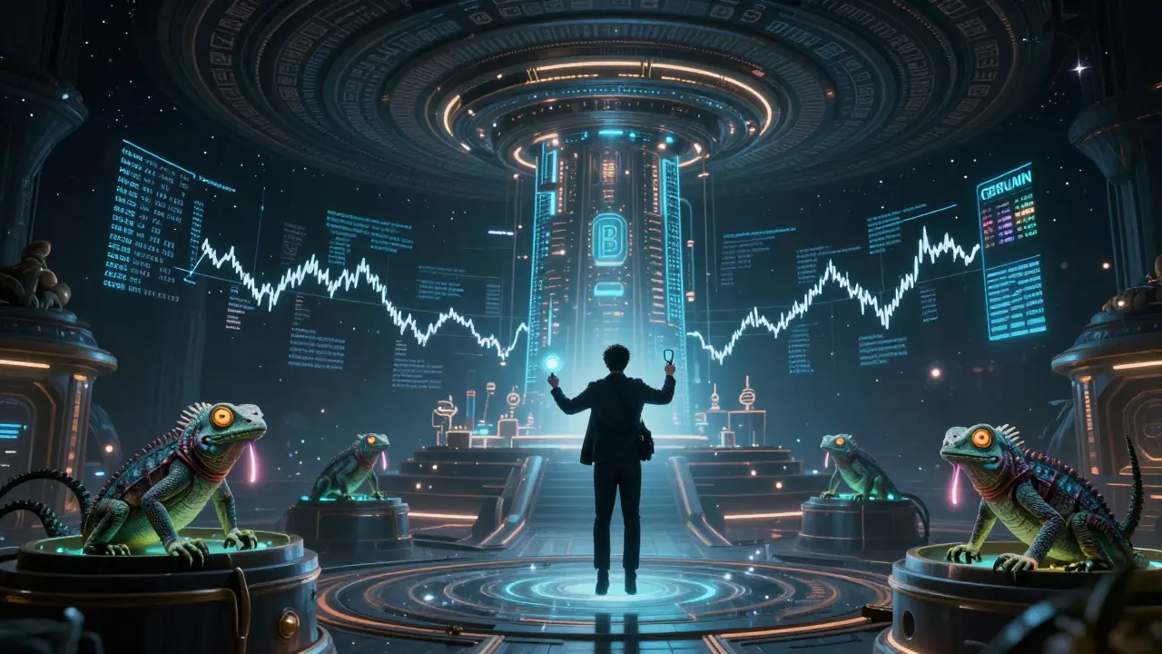 A trader interacting with ancient glyphs and a time-machine projecting crypto performance history.