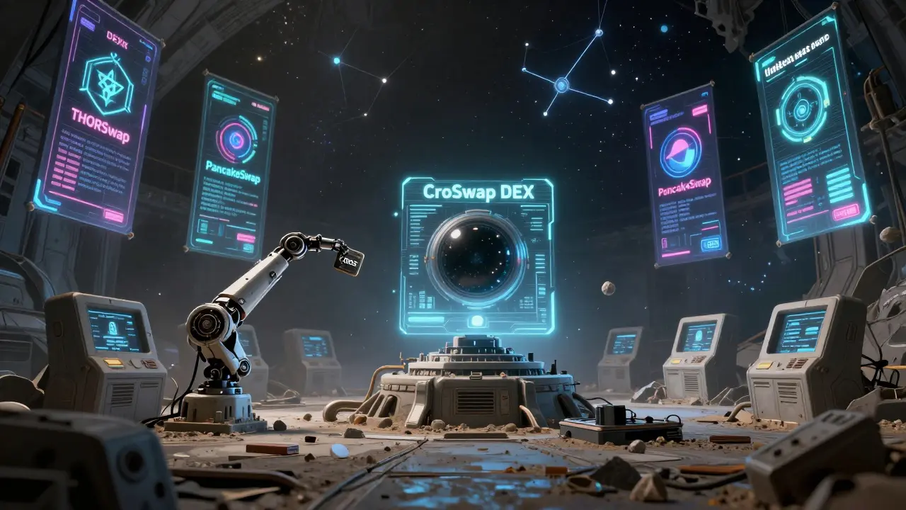 An abandoned asteroid station with a flickering CroSwap terminal, while rival DEXs shine brightly in the background.