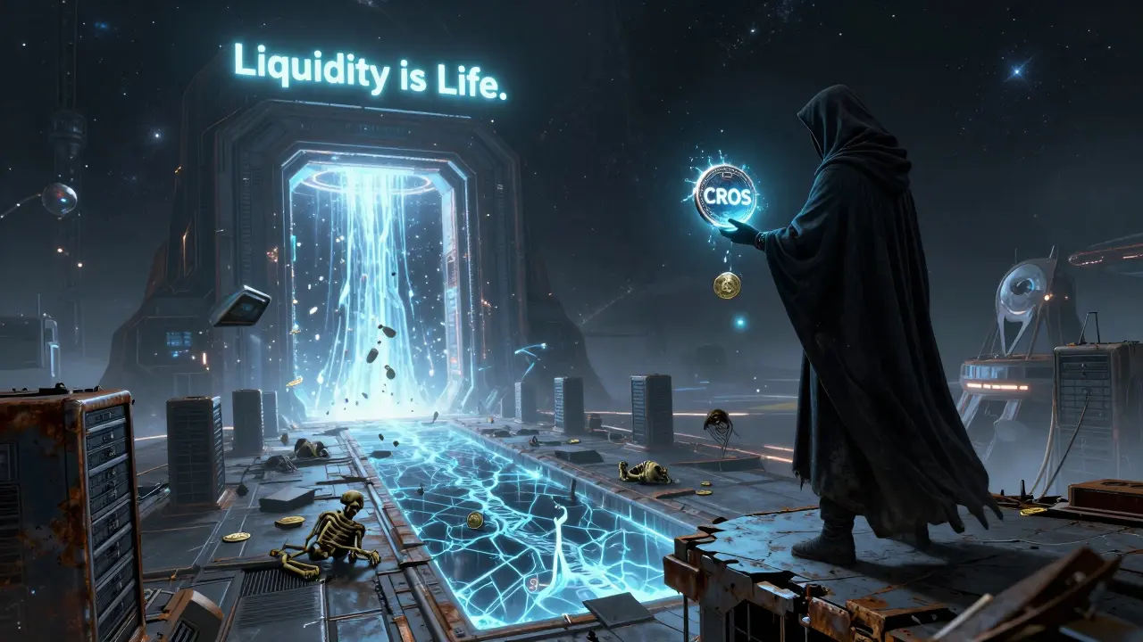 An anonymous figure drops a fading CROS token into space, as a massive cross-chain gateway glows in the distance.