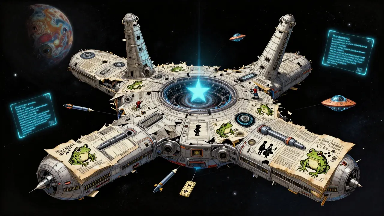 A comic-book-shaped space station orbits a dying star, covered in murals of a frog and swarmed by ink-pen spacecraft.