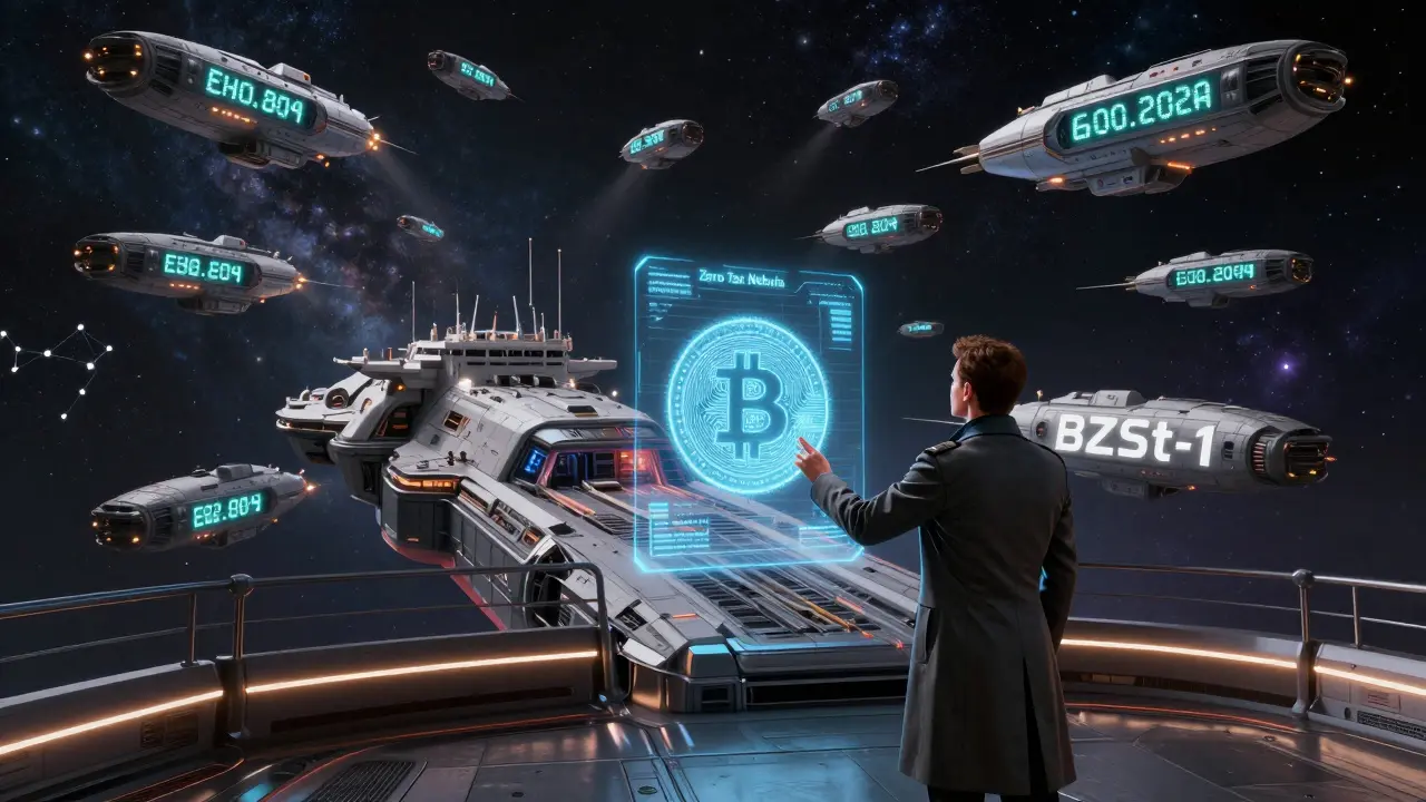 A futuristic freighter&#039;s bridge activates a tax-free crypto transaction, while thousands of ships launch toward a distant nebula of wealth.