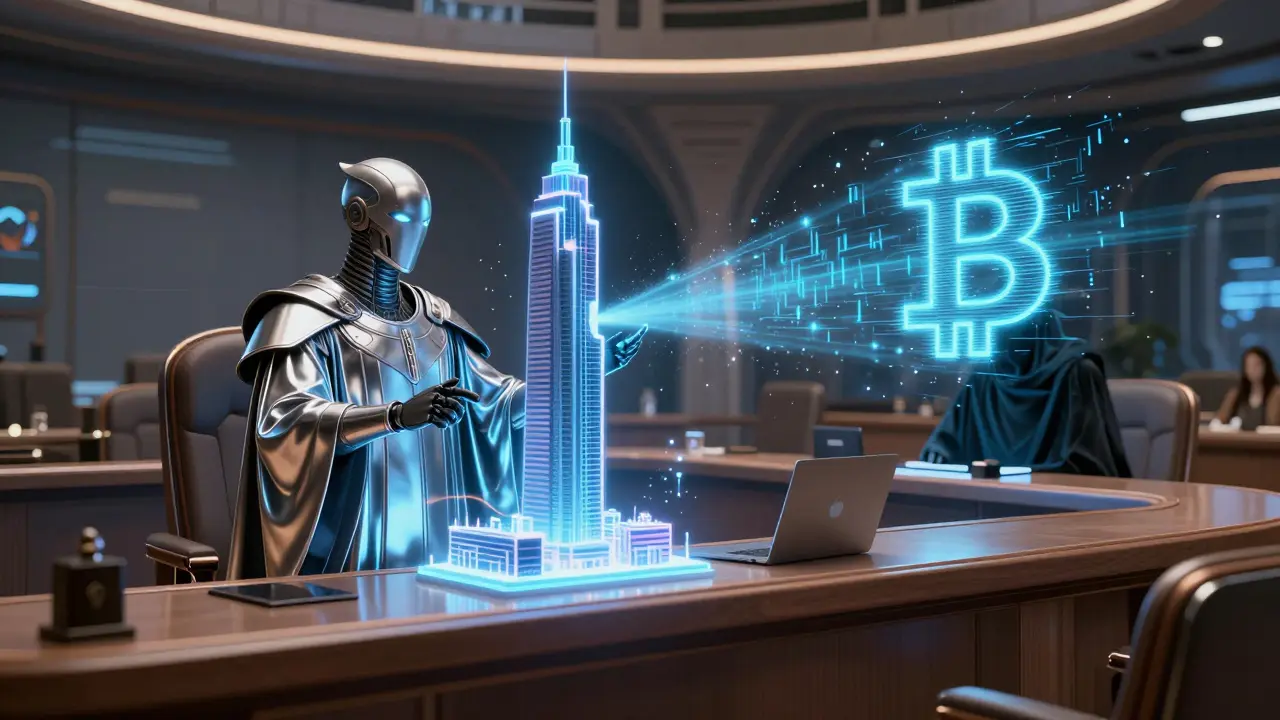 A holographic judge banishes a Bitcoin entity with Sharia-compliant light in a futuristic space courtroom.