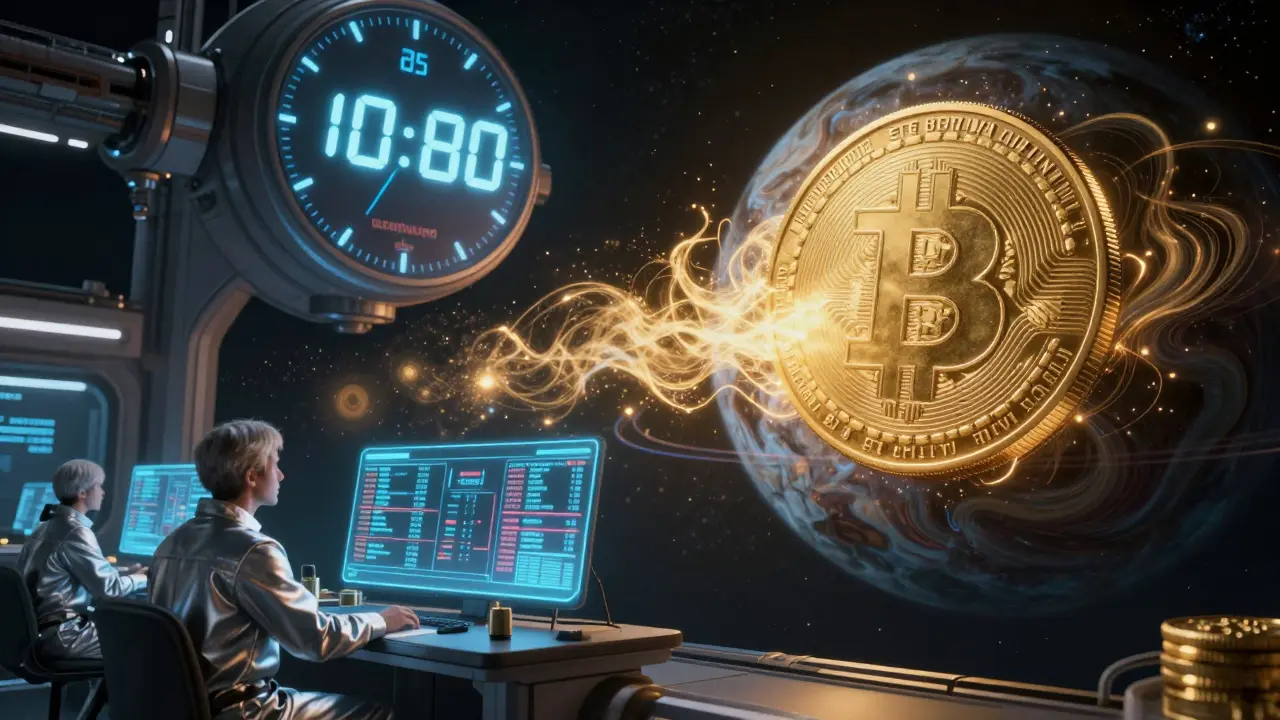 A space station orbits a crypto-themed gas giant as a holographic timer counts down the final seconds of a tax-free holding period.