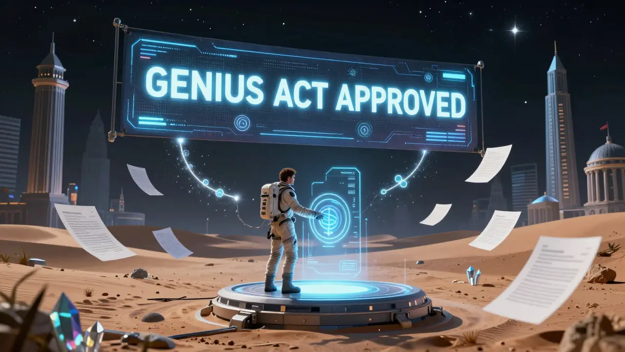 A startup founder launching a token on a desert moon, surrounded by audit crystals and bank custody tendrils.