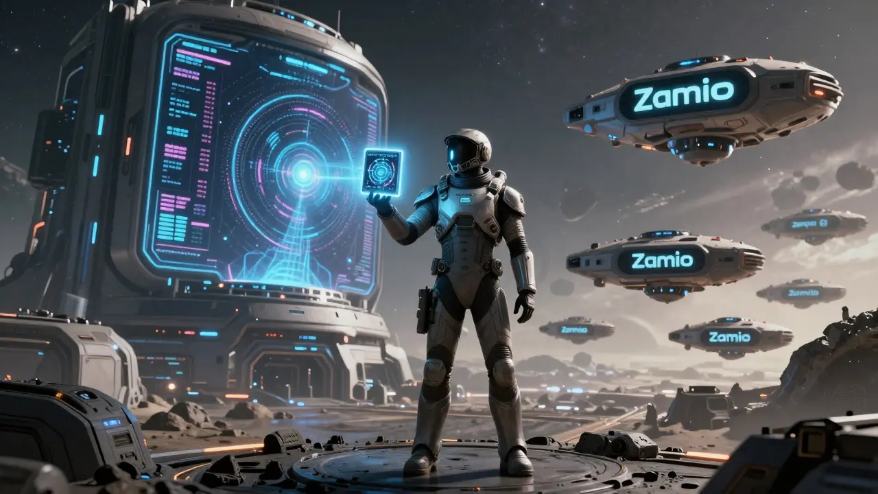 A traveler activates a ZamPad portal in a cosmic marketplace, with AI engines and starships in the background.