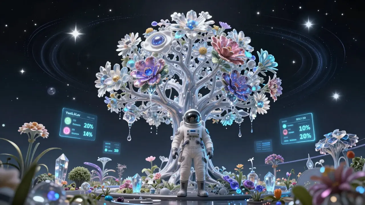 An astronaut tends to a cosmic garden where flowers bloom with each liquidity deposit, stars forming token pairs.