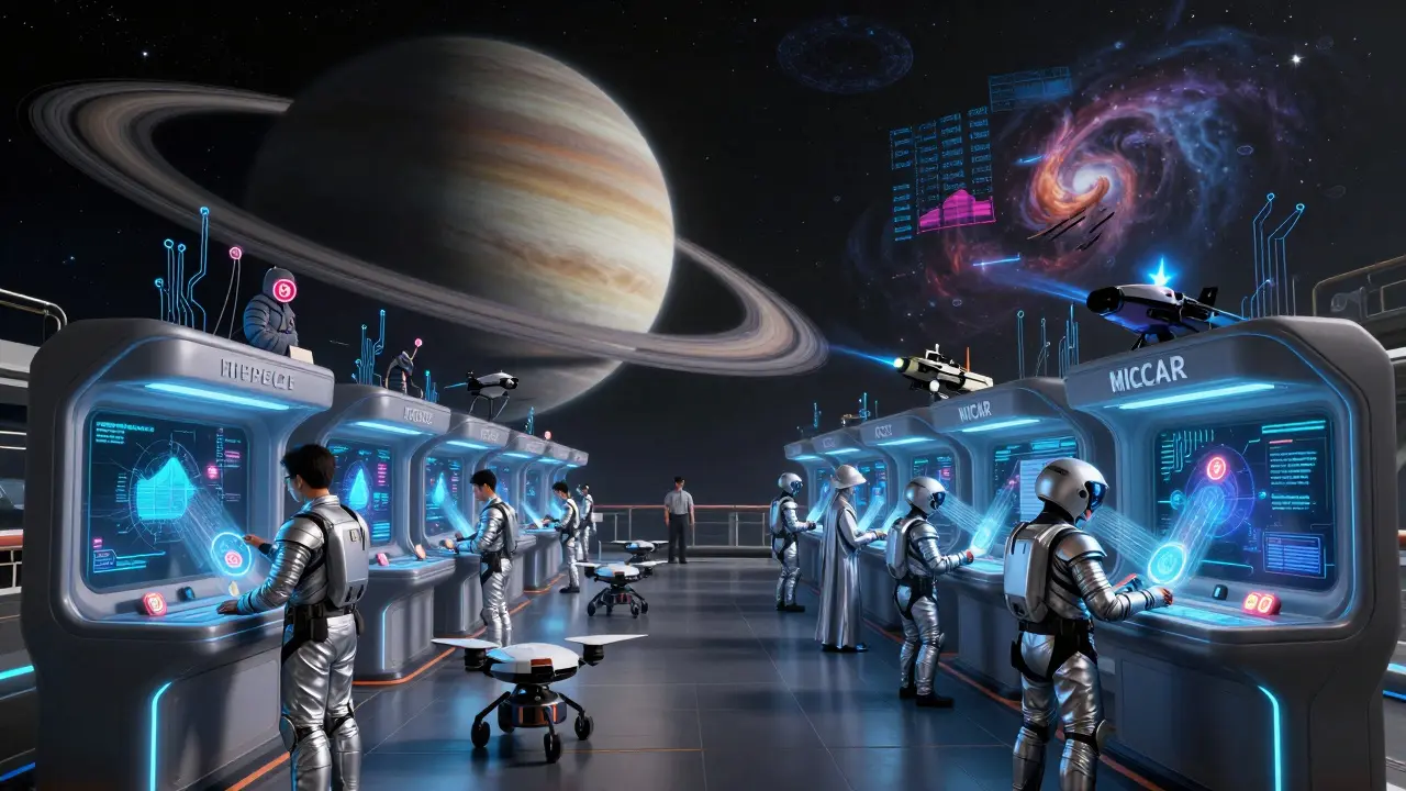 An interstellar crypto exchange with traders, Singaporean auditors, and EU enforcement ships under a gas giant.