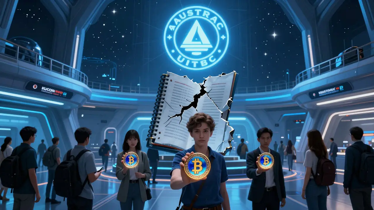 Citizens boarding ships with privacy coins as a broken ledger glows behind them.