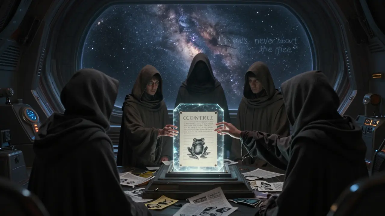 Cloaked figures gather around a glowing smart contract in an asteroid shrine, offering a hand-drawn frog NFT.
