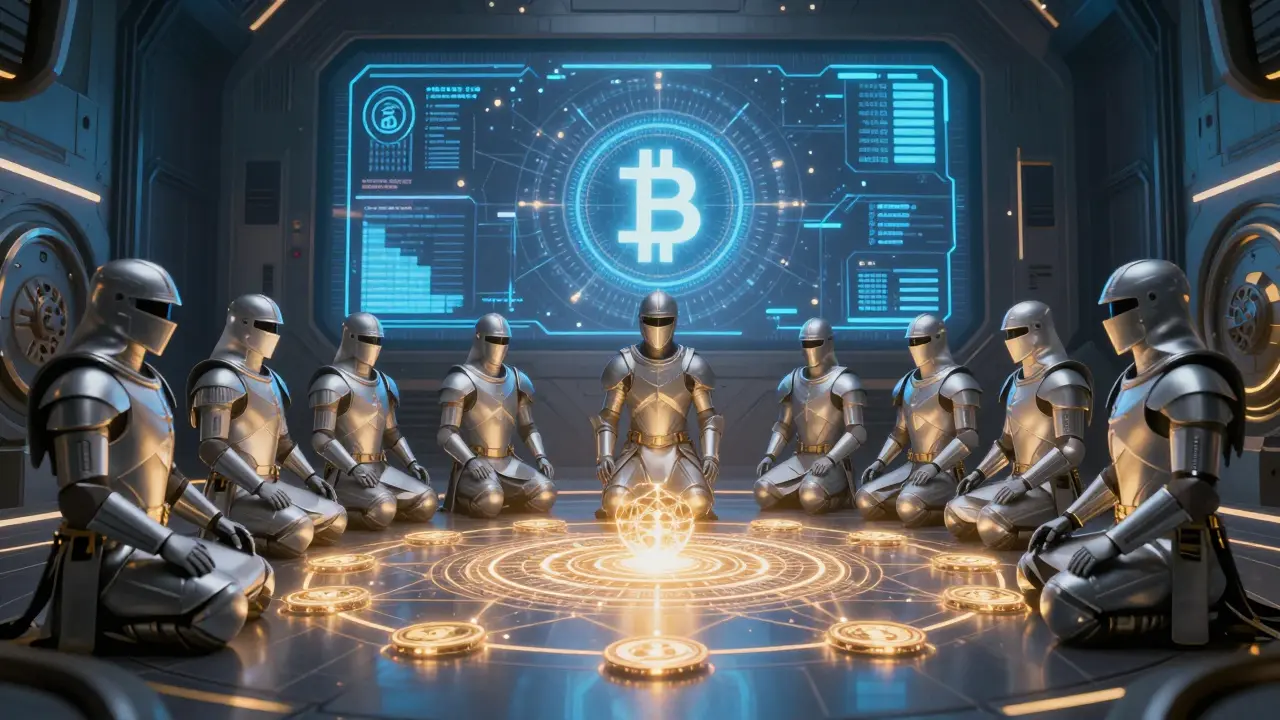 Elite knights activate a quantum blockchain mandala of tokenized assets under a cosmic algorithmic purge.