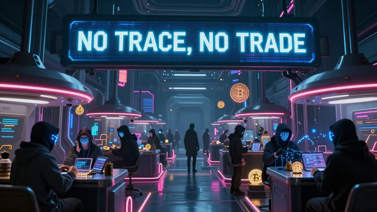 Traders in a neon space station exchange encrypted coins in shadowed alleys.