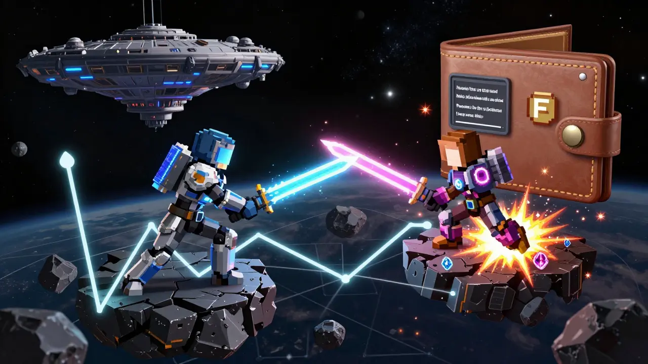 Two pixel heroes duel in orbit above a trading-chart asteroid, launching JEWEL tokens as loot from their battle.