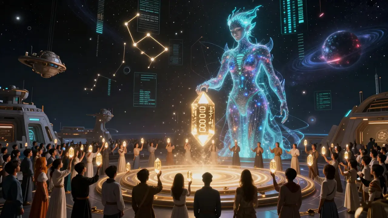 1,000 participants receiving glowing CSM token crystals from a celestial AI entity amid cosmic data-constellations.