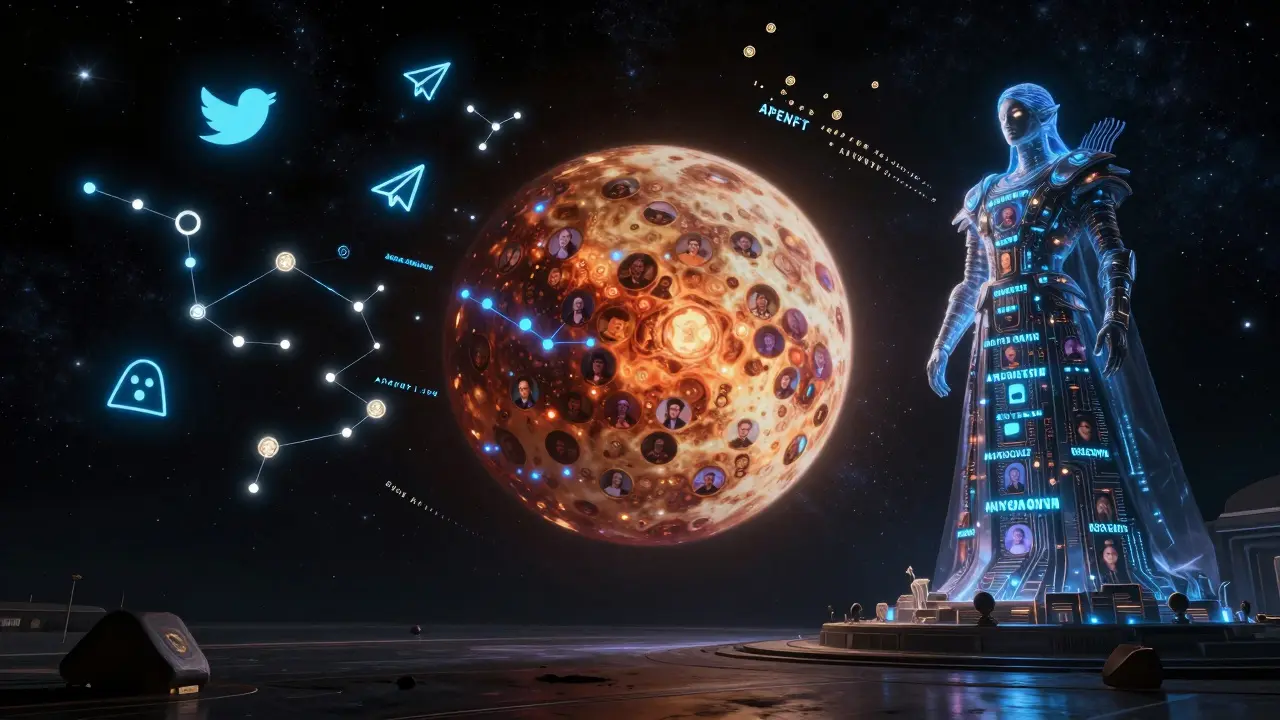 10,000 winners' faces lit by social media constellations as an AI oracle announces their victory in deep space.