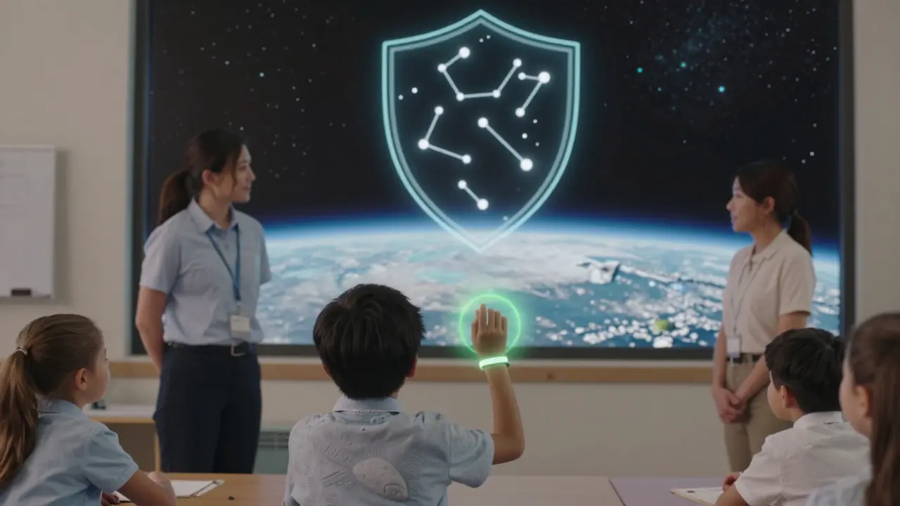A child proves school enrollment with a soft green halo, Earth glowing in the background.
