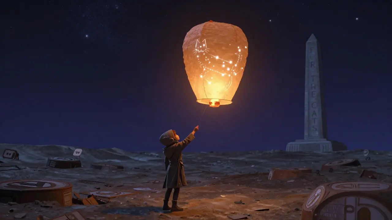 A child releases a cat-shaped lantern that becomes a constellation of SUNCAT tokens in deep space.