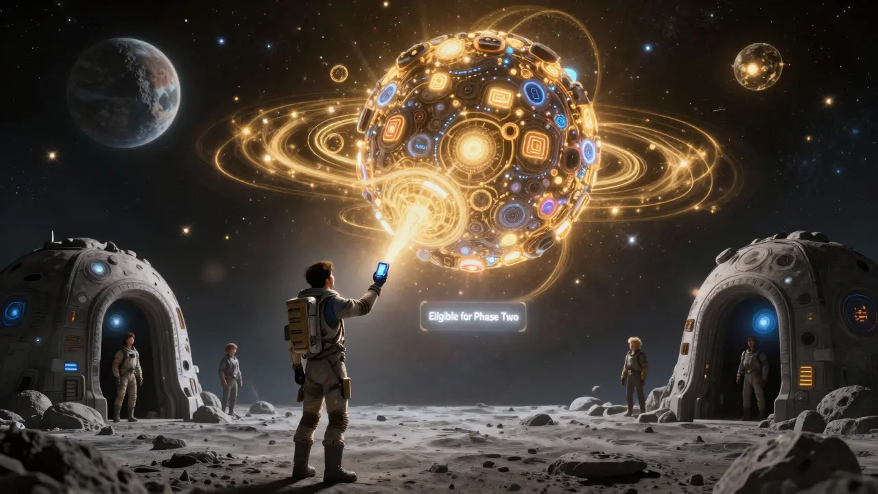 A cosmic AI awakens in space, emitting golden energy pulses that activate wallets across the galaxy for a future airdrop.