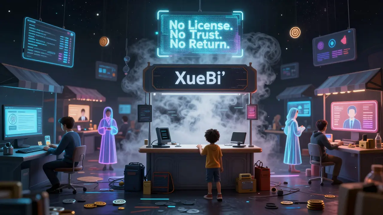 A cosmic marketplace where XueBi's booth is dark and empty, while other exchanges glow with transparency and support.