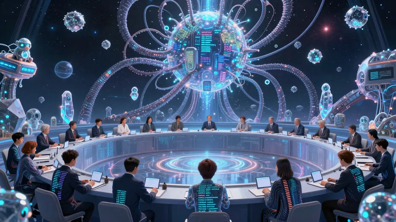 A council of token-holders voting as AI tendrils harvest internet data.