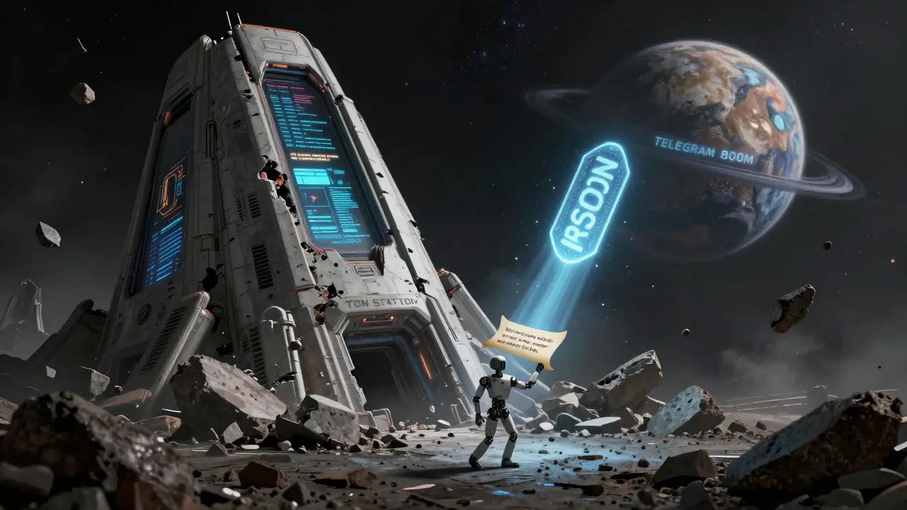 A crumbling space monument labeled &#039;TON STATION&#039; lies in asteroid debris as a single glowing MRSOON token drifts toward a distant planet.