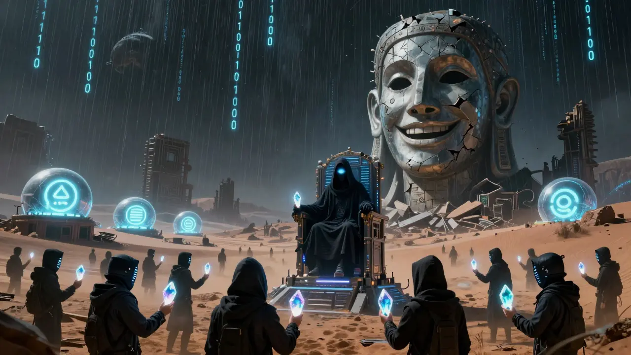 A crumbling statue of a fake ad face stands amid ruins as hooded figures surrender crypto to a shadowy throne.