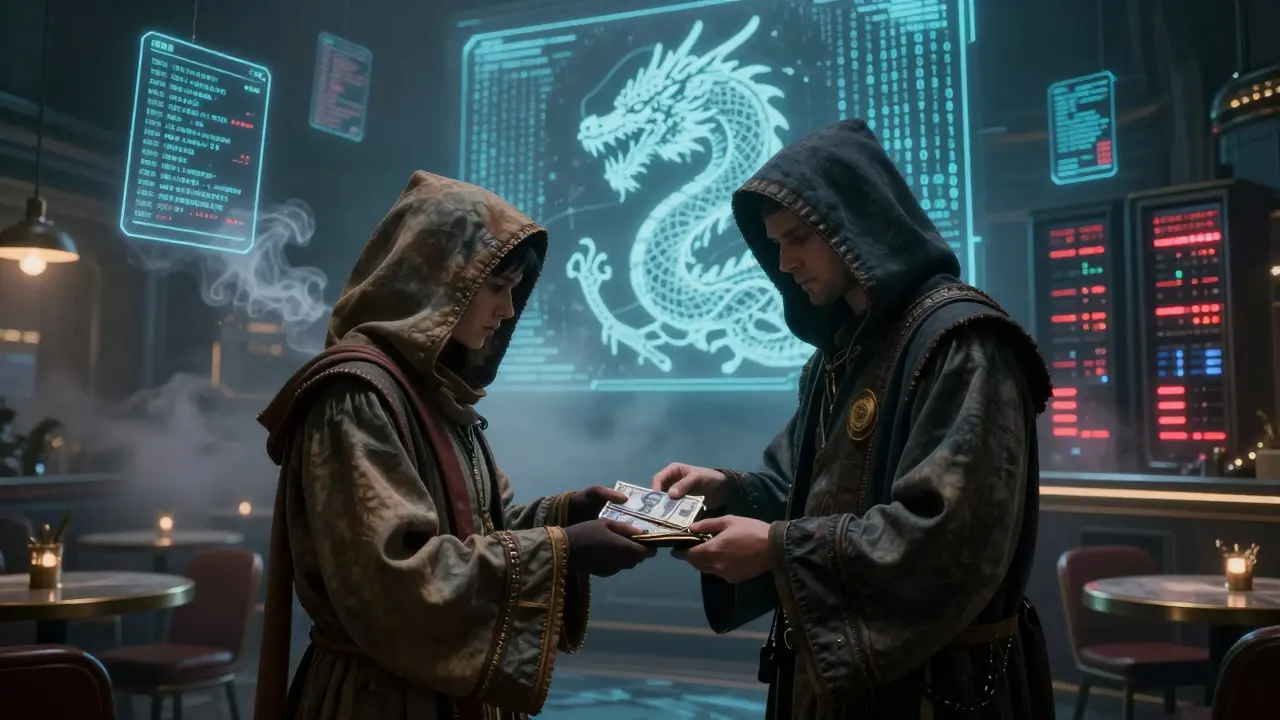 A cyber-cafe on a foggy moon where a operative trades a digital wallet for cash, surrounded by glowing transaction ghosts.