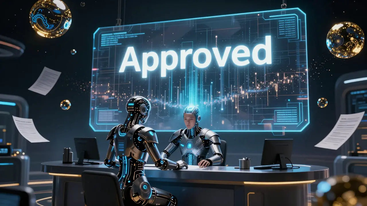 A cybernetic banker receives a cryptographic approval, with encrypted data dissolving into stardust.