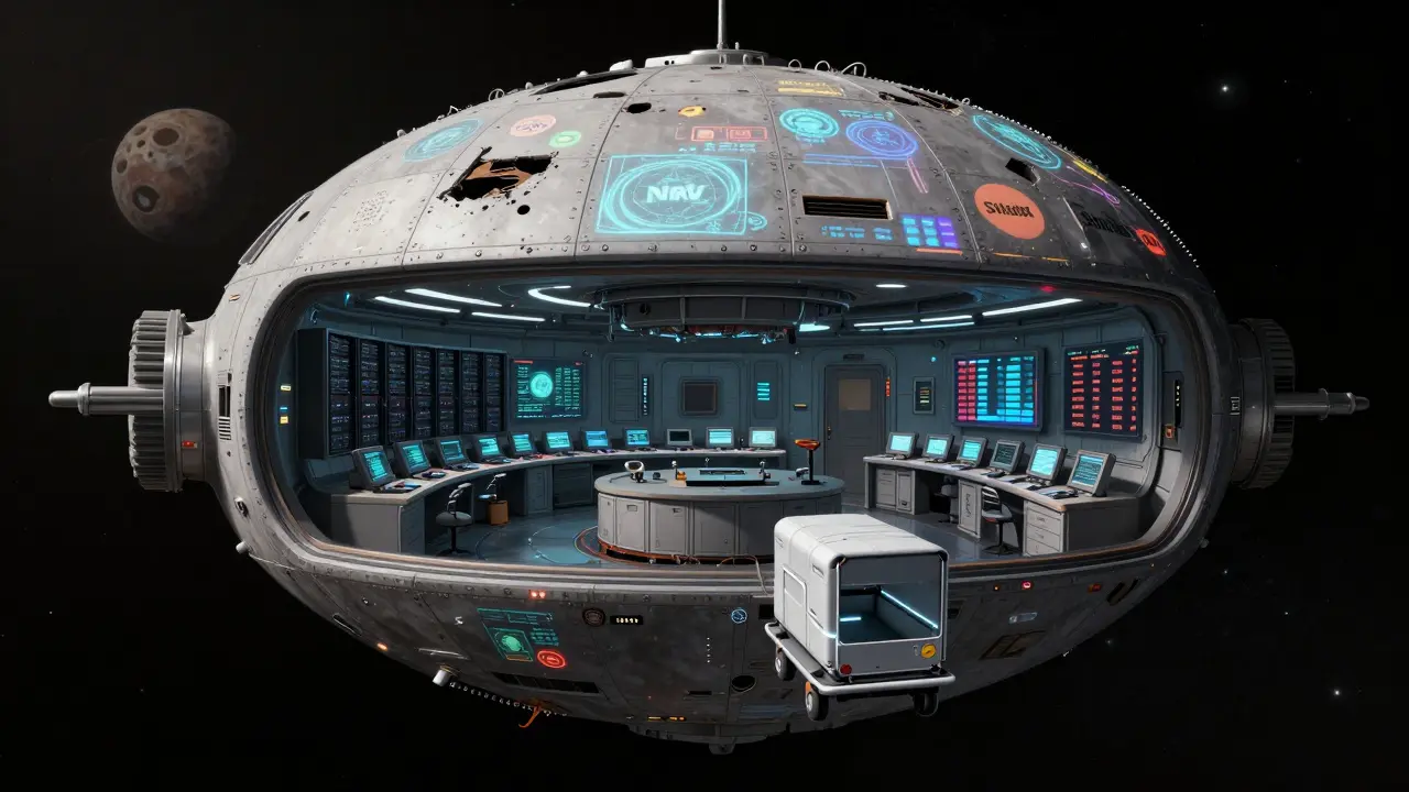 A decaying blockchain space station broadcasts live prices with no active traders or transactions.