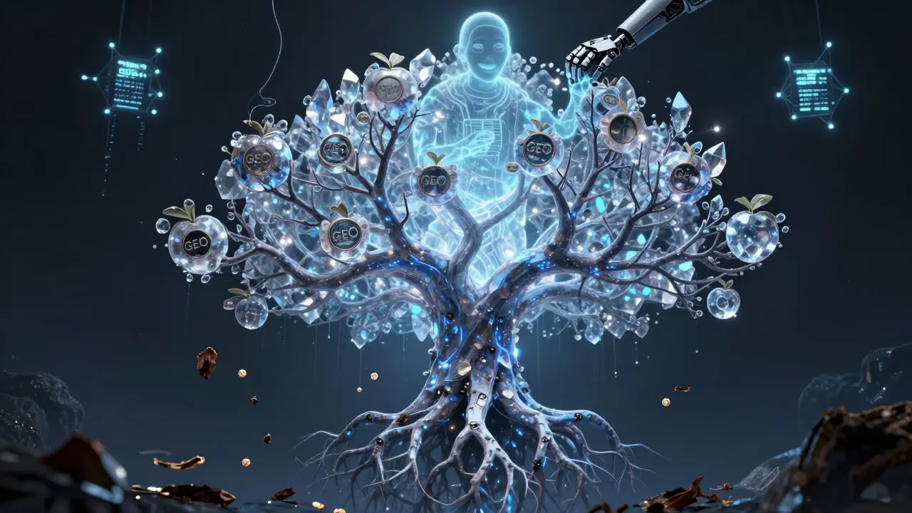 A dying AI tree with withered GEO token fruits stands atop a blockchain, replaced by cold ODIN Chain nodes.