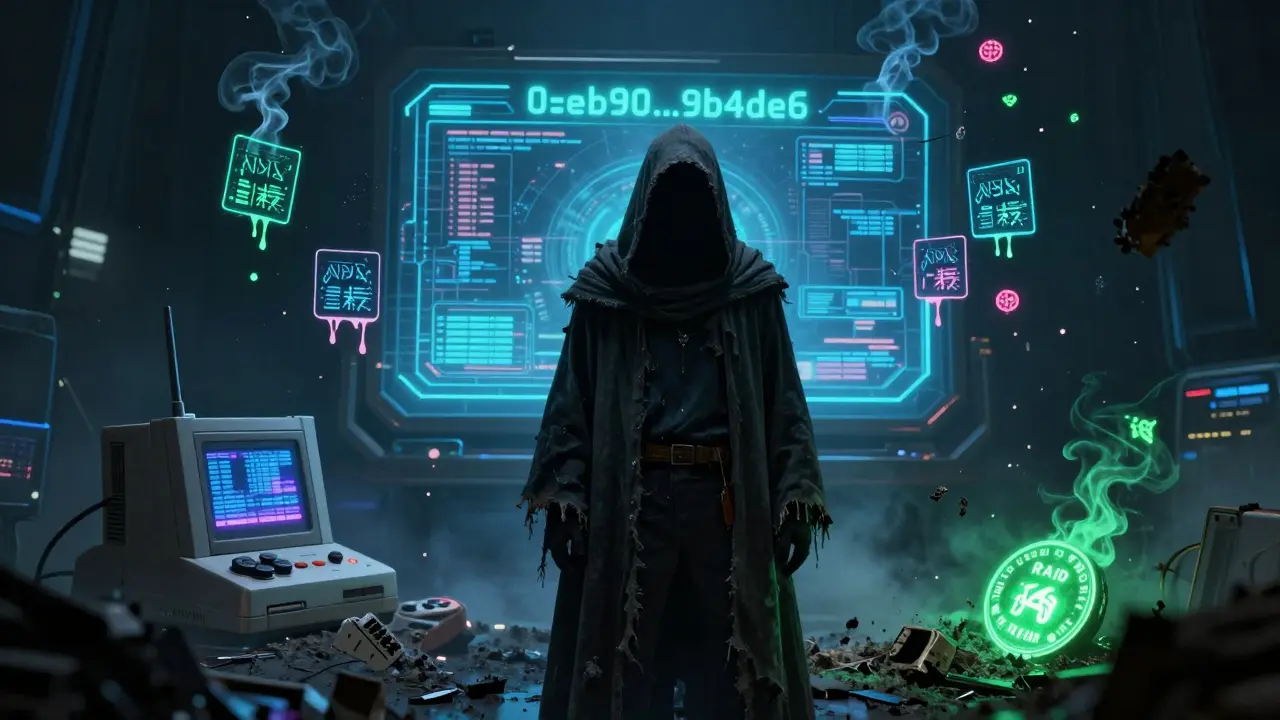 A faceless figure stands before a holographic blockchain address, surrounded by corrupted NFTs and a broken game console in ash.