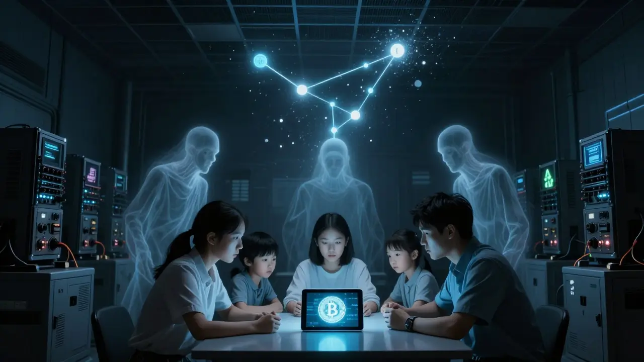 A family sits beside a digital yuan tablet as ghostly crypto symbols fade into nothingness above them, surrounded by dead mining hardware.