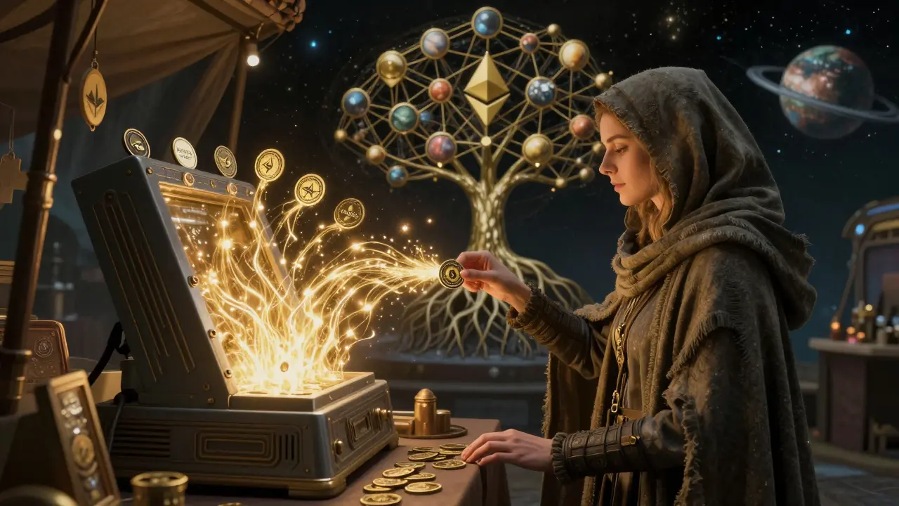 A merchant activating a galaxy-spanning reward system with a PUNDIX token, surrounded by glowing blockchain energy.