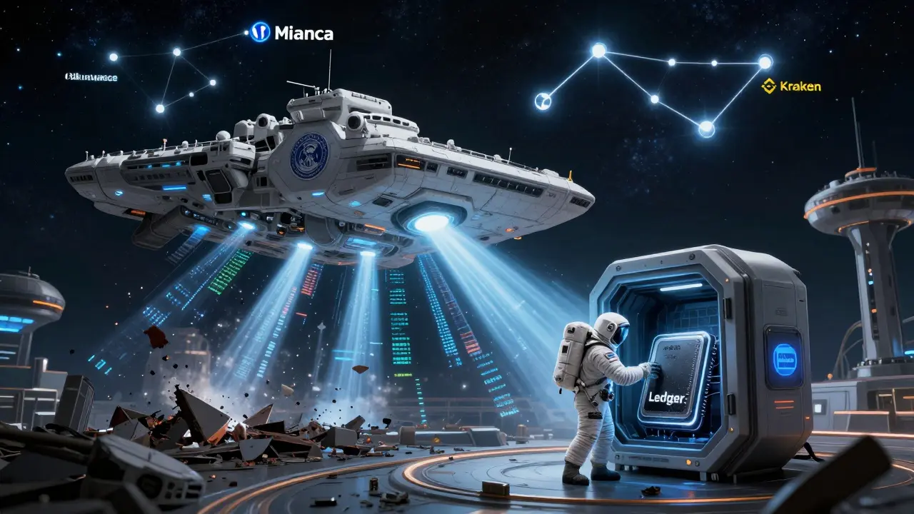 A regulatory warship destroys XueBi's station as a hardware wallet drifts safely toward a vault under a constellation of trusted exchanges.