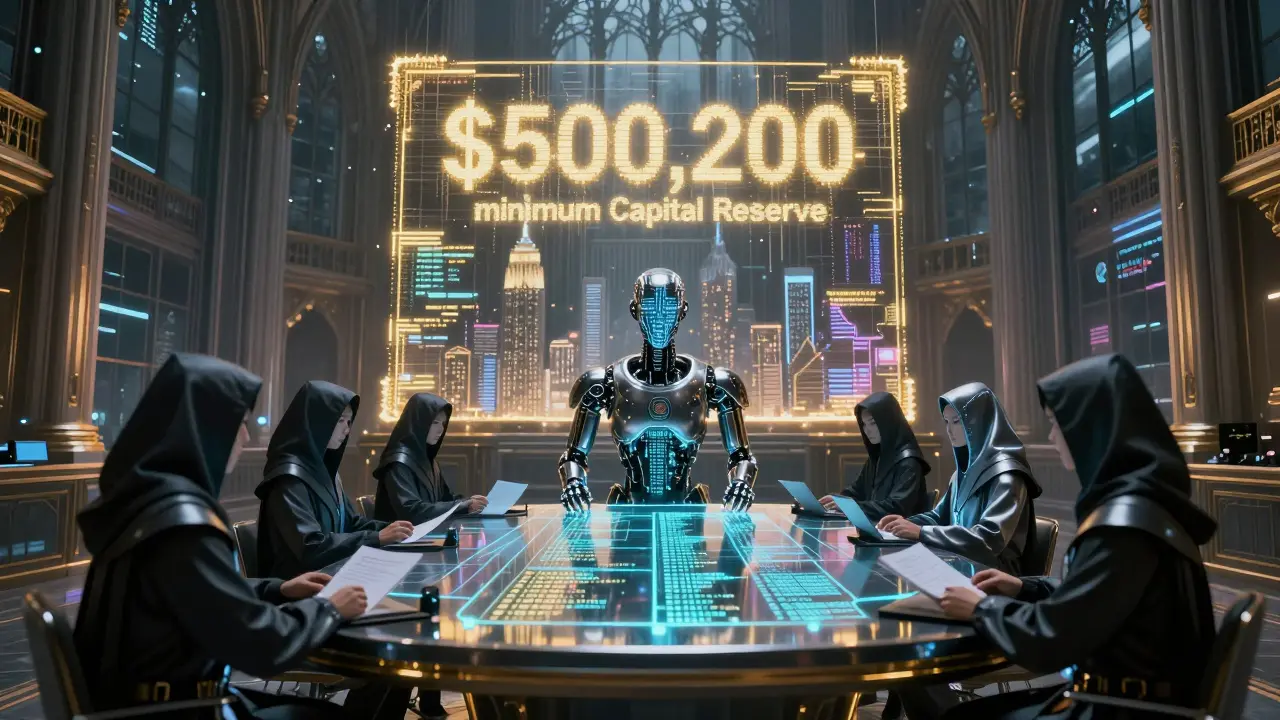 A robotic judge in a chrome chamber oversees glowing financial reserves and encrypted data storms under regulation 500.