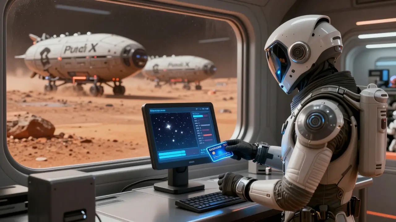A space traveler using a crypto debit card at a Mars convenience store, with stars pulsing to blockchain confirmations.