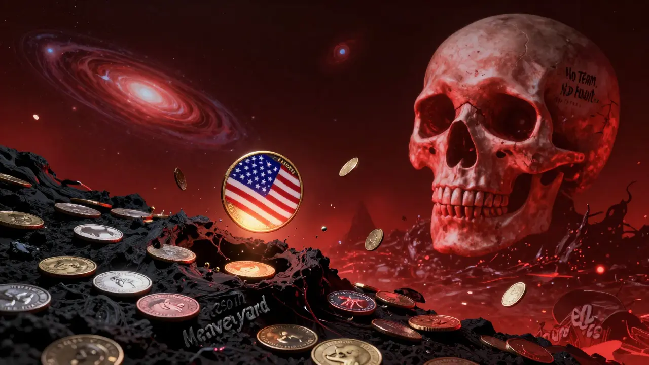 A star-spangled token falling into a black hole surrounded by dead memecoins in cosmic graveyard.