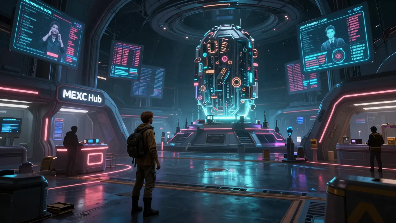 A trader at a neon space station exchanging LYUM tokens amid flickering holographic price charts.