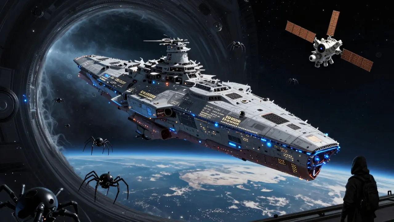 A warship made of servers and missiles emerging from a wormhole, its hull covered in Bitcoin transfer lights.