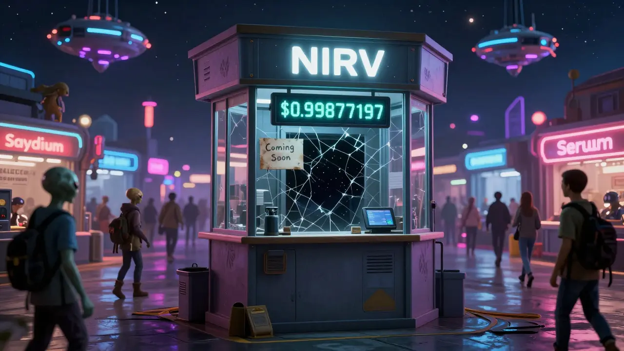 An abandoned booth in a bustling space market displays a fake price for a token no one can access.