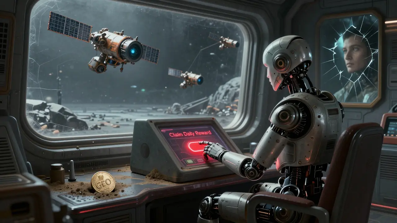 An android stares at a dead reward terminal in an abandoned orbital lounge, surrounded by drifting crypto satellites.