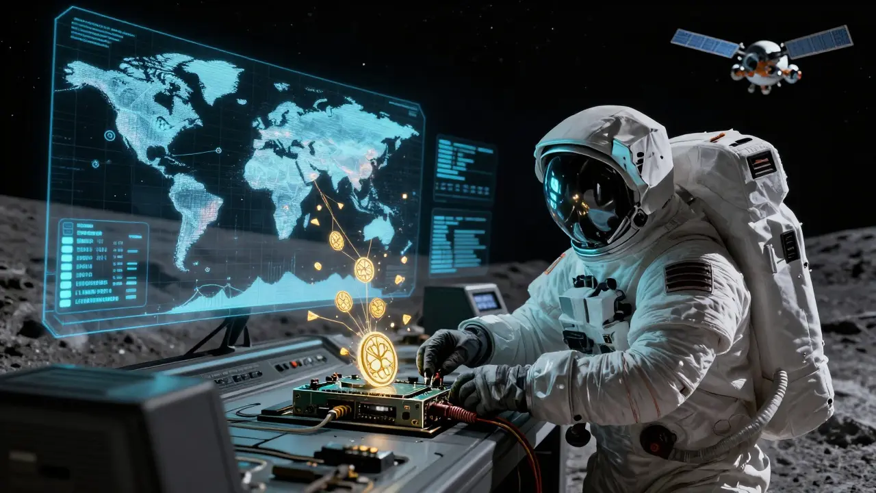 An astronaut earning P2P tokens via a Raspberry Pi under a lunar sky.