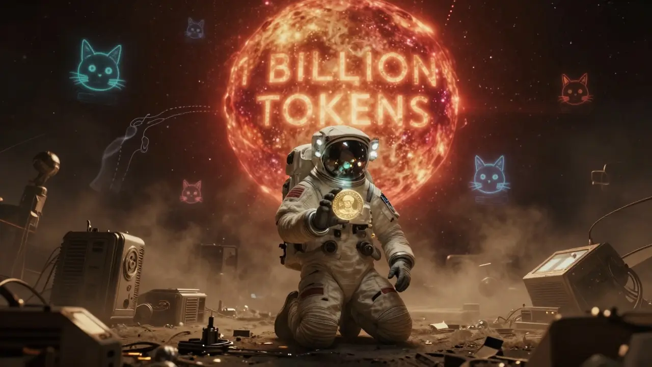 An astronaut holds a SUNCAT token as holographic cats flicker around a ruined space station.