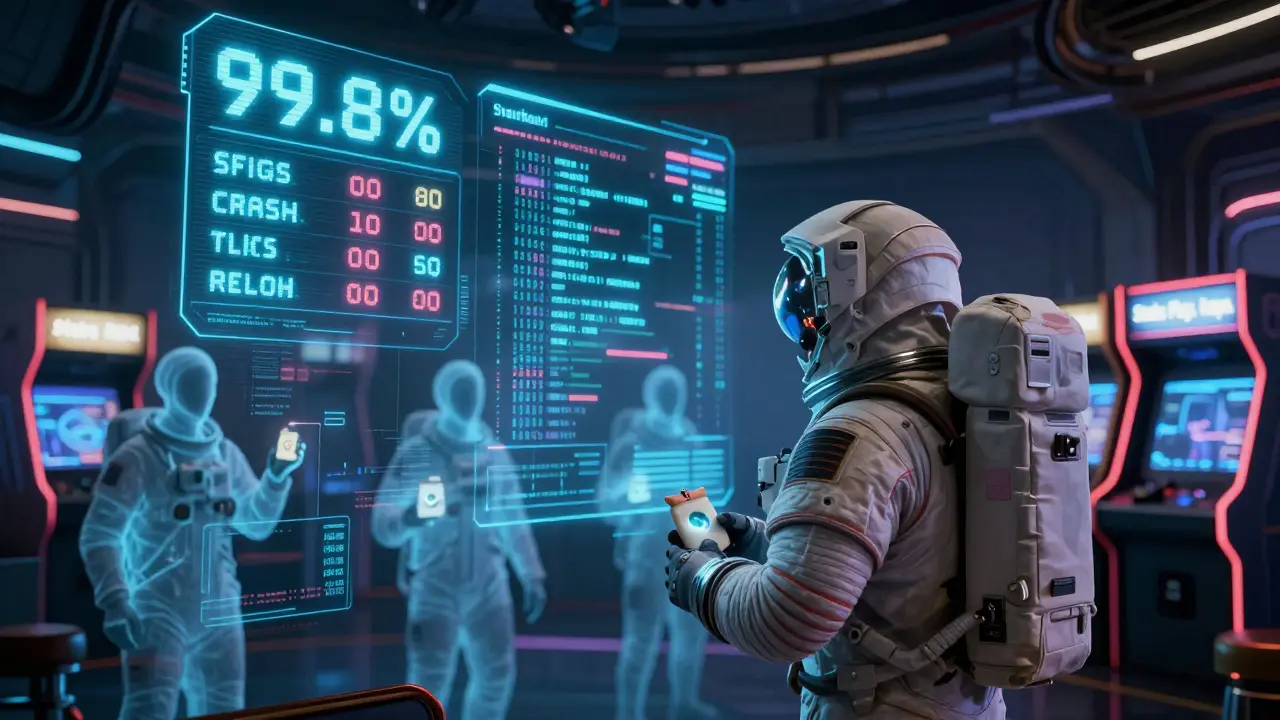 An astronaut in a worn space suit stares at a crashing holographic price chart in a dim arcade on a derelict space platform.