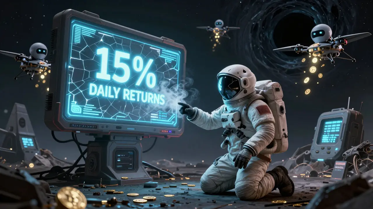 An astronaut watches a fake crypto wallet dissolve into smoke as drones carry coins into a black hole.