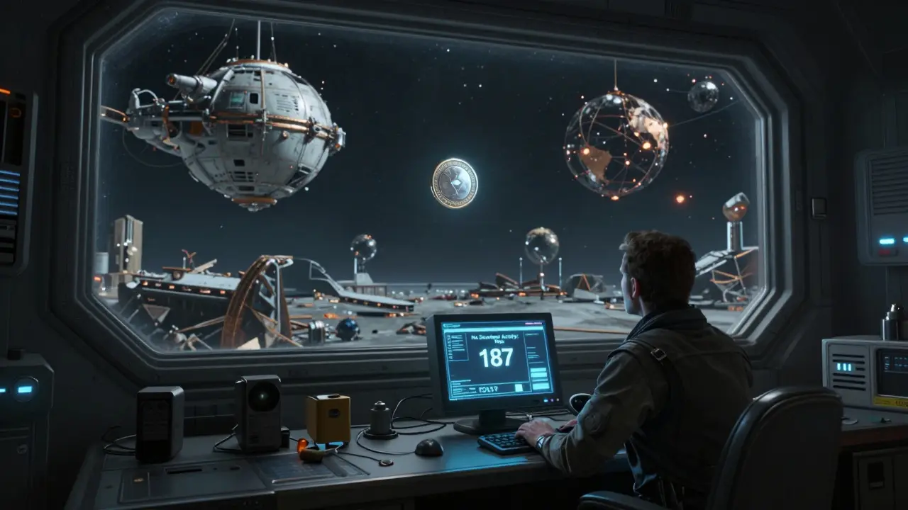 An engineer in an abandoned control room facing a dead terminal, surrounded by ruins of failed blockchain infrastructure.