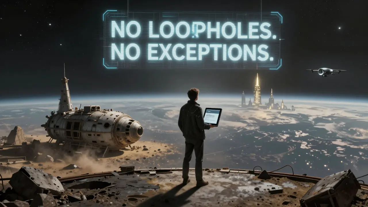 An isolated entrepreneur stares at distant BitLicense citadels from a ruined spacecraft, holding a rejected application.