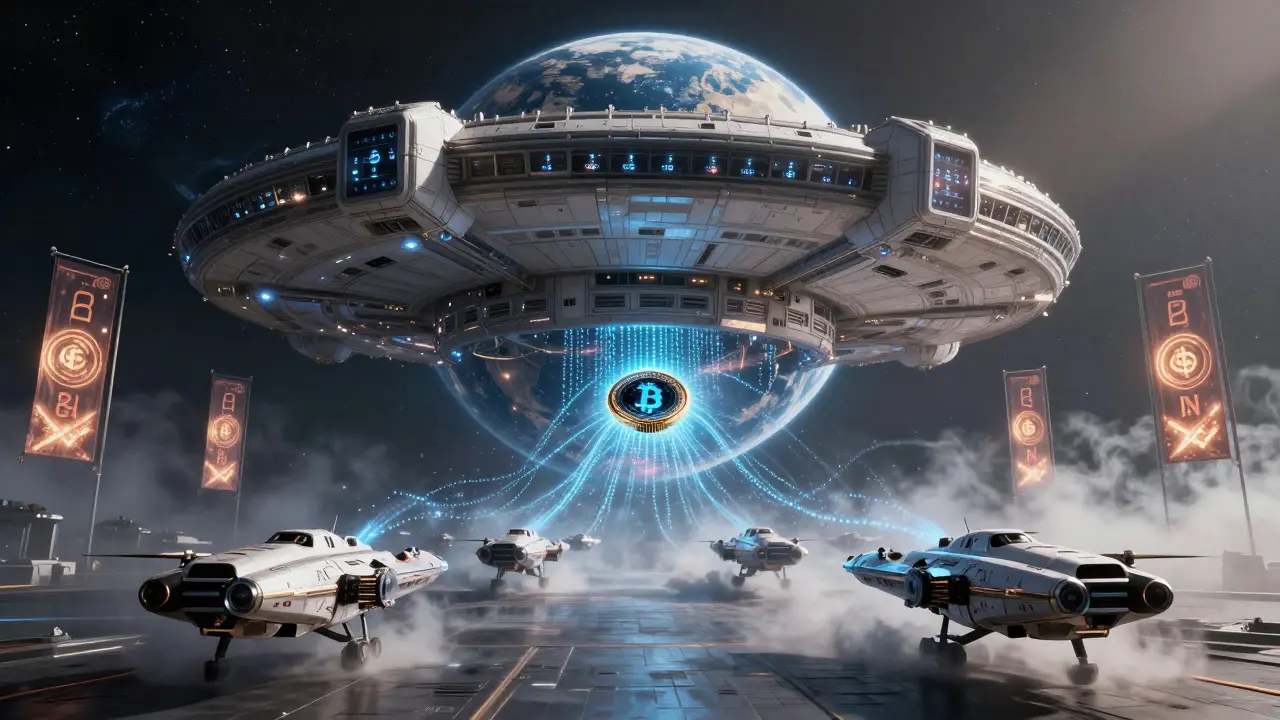 An orbital enforcement station deploys drones that dissolve digital assets into dust above Earth, under the glow of the e-CNY empire.