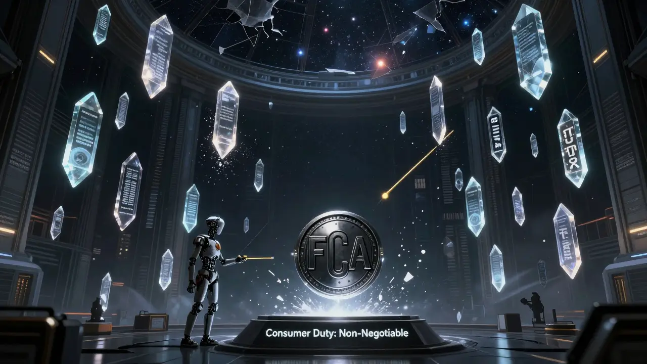 Ancient data shards of failed crypto ads shattering in a cosmic archive, watched by a robotic archivist.