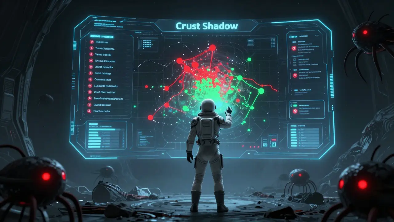 Astronaut interacting with a holographic airdrop map on an asteroid base, shadowy scammer drones lurking nearby.