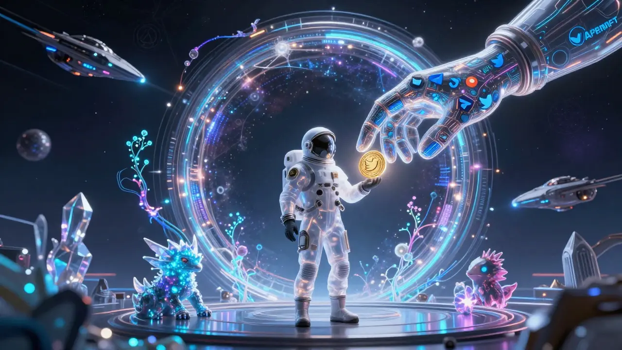 Astronaut receiving APENFT tokens from a digital hand amid a multichain nebula of NFT creatures and data vines.